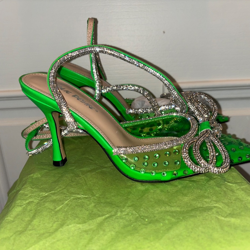 NEW Public Desire Azealia Neon Green Crystal Diamanté 7.5 Wrap Around Bow Heels - Picture 9 of 14